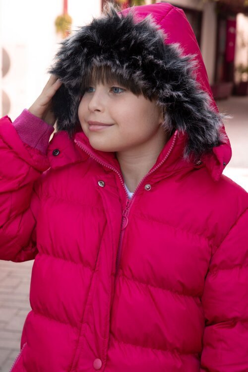 Fuşya İçi Kürklü Çıtçıtlı Kapüşonlu Kız Çocuk Şişme Mont 21323