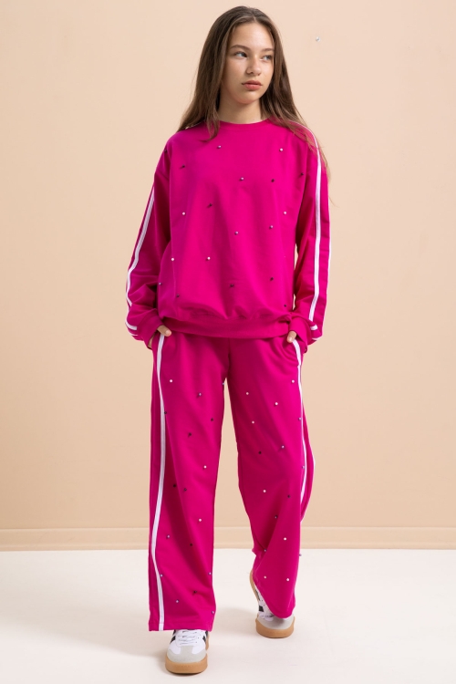 Fuşya İnci İşlemeli Bisiklet Yaka Kız Çocuk Şeritli Eşofman Takımı 21292