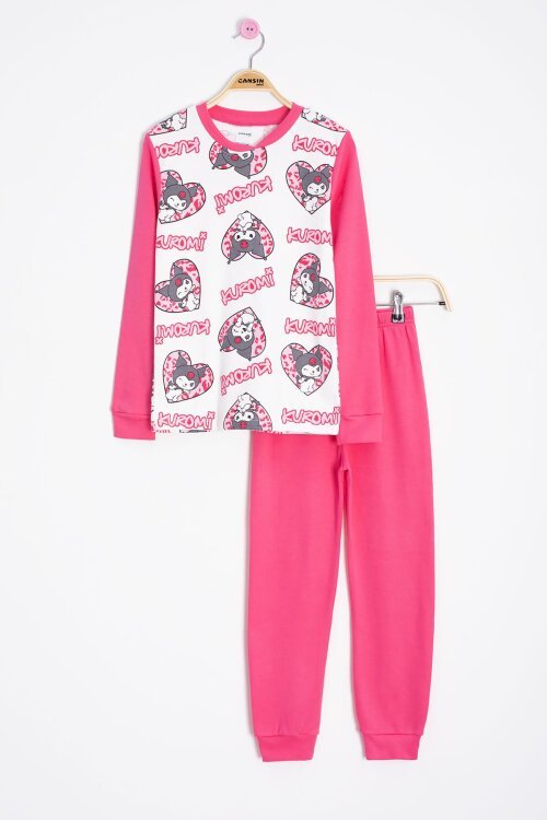 Fuşya Kalpli Yazı Desenli Kız Çocuk Pijama Takımı 23260