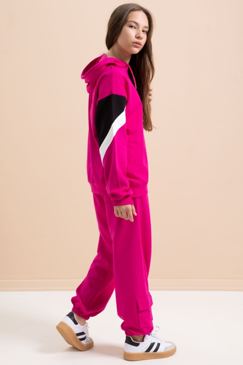 Fuşya Kargo Cepli Kız Çocuk Logolu İkili Takım 21299