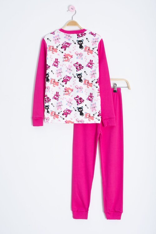 Fuşya Kedi Desenli Kız Çocuk Pijama Takımı 22767
