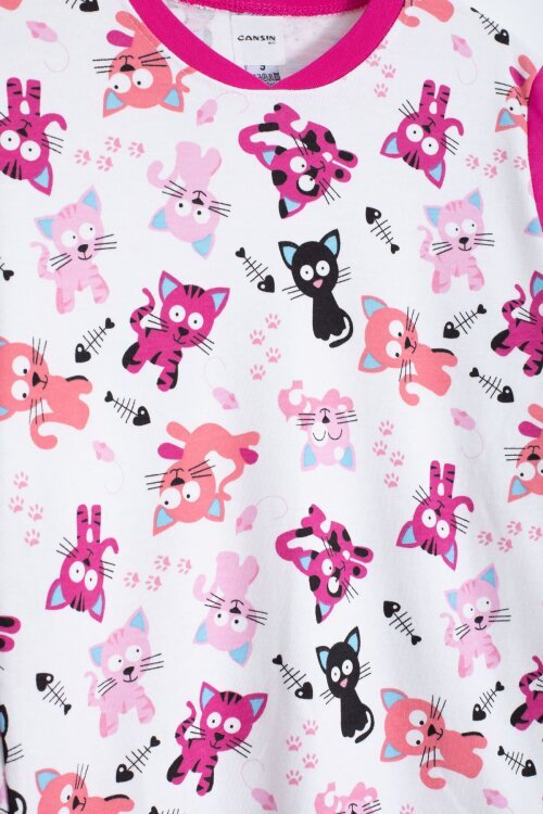 Fuşya Kedi Desenli Kız Çocuk Pijama Takımı 22767
