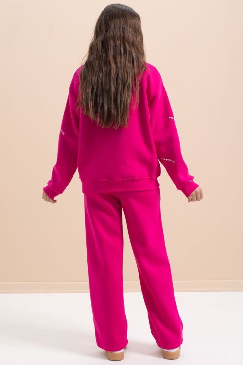 Fuşya Kız Çocuk Desenli 3 İplik Şardonlu Geniş Paça Eşofman Takımı 22646