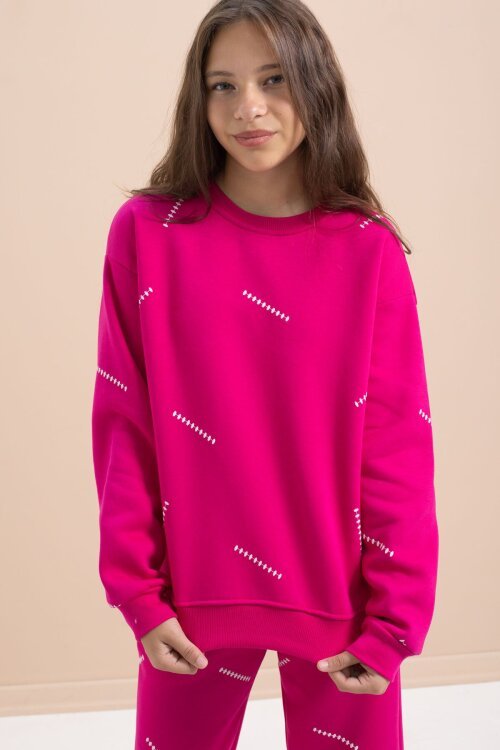 Fuşya Kız Çocuk Desenli 3 İplik Şardonlu Geniş Paça Eşofman Takımı 22646