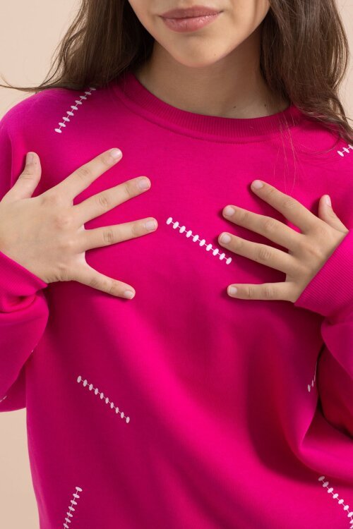 Fuşya Kız Çocuk Desenli 3 İplik Şardonlu Geniş Paça Eşofman Takımı 22646