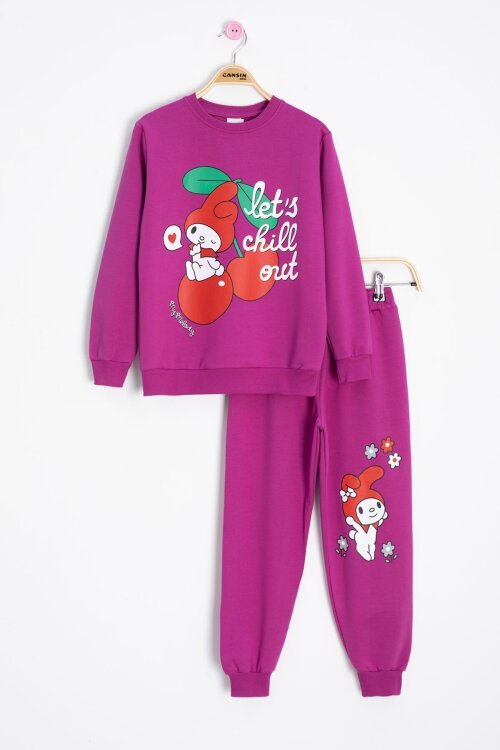 Fuşya Kız Çocuk Kiraz Karakter Baskılı Bisiklet Yaka Eşofman Takımı 23273