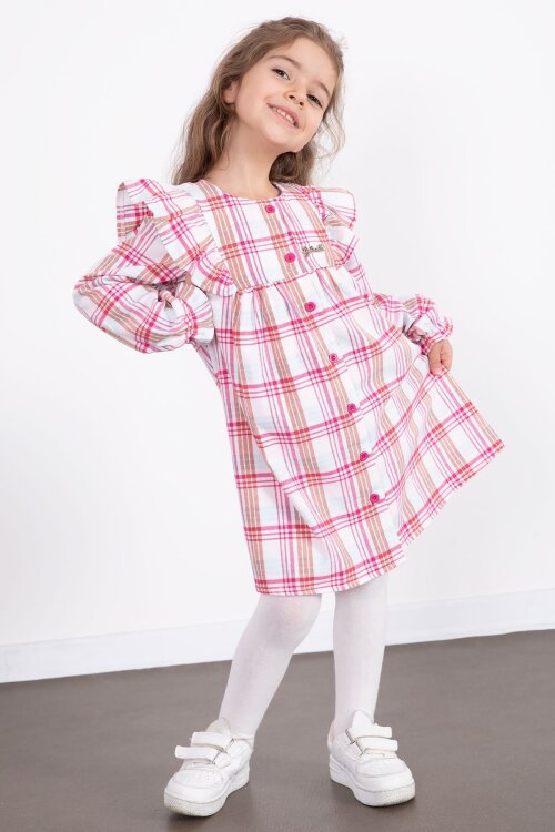 Fuşya Kız Çocuk Peluş Yelekli Ekose Desenli Elbise 22698