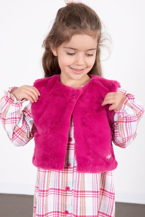 Fuşya Kız Çocuk Peluş Yelekli Ekose Desenli Elbise 22698