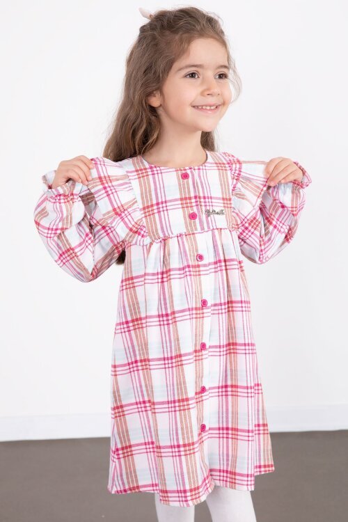 Fuşya Kız Çocuk Peluş Yelekli Ekose Desenli Elbise 22698
