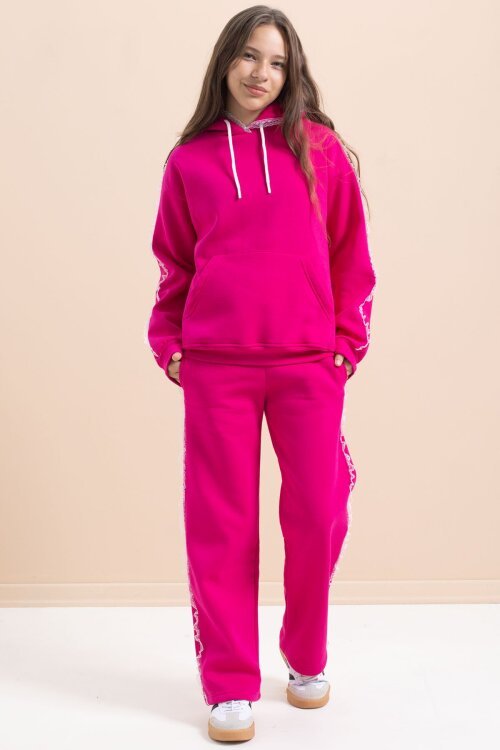 Fuşya Kız Çocuk Şardonlu Dantel Detaylı 3 İplik Takım 21507