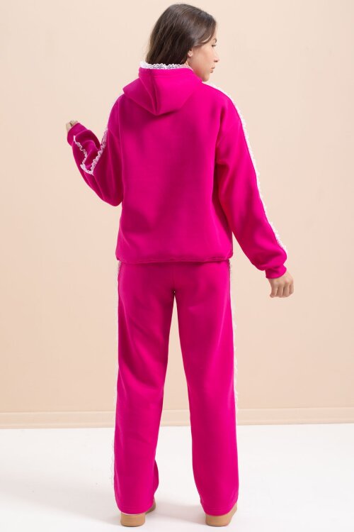 Fuşya Kız Çocuk Şardonlu Dantel Detaylı 3 İplik Takım 21507