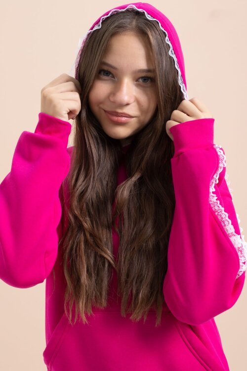 Fuşya Kız Çocuk Şardonlu Dantel Detaylı 3 İplik Takım 21507