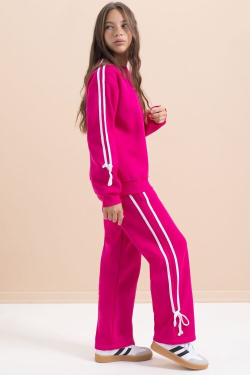 Fuşya Kız Çocuk Şerit Detaylı 3 İplik Şardonlu Takım 21517