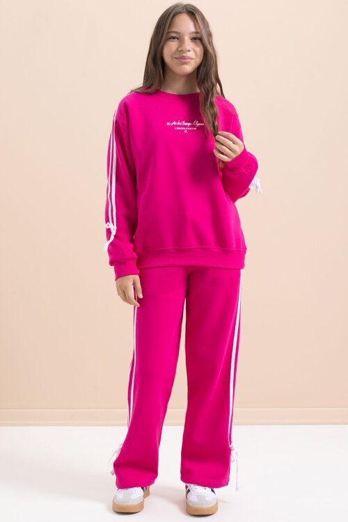 Fuşya Kız Çocuk Şerit Detaylı 3 İplik Şardonlu Takım 21517