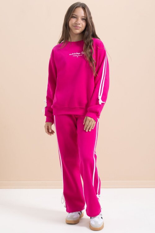 Fuşya Kız Çocuk Şerit Detaylı 3 İplik Şardonlu Takım 21517