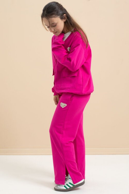 Fuşya Logo Detaylı Düğmeli Hırkalı kız Çocuk Yırtmaçlı 3lü Atl-Üst Takım 21378