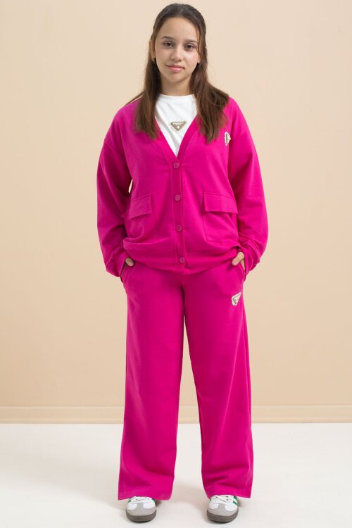 Fuşya Logo Detaylı Düğmeli Hırkalı kız Çocuk Yırtmaçlı 3lü Atl-Üst Takım 21378