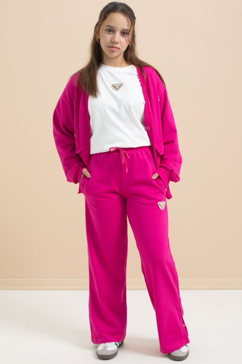 Fuşya Logo Detaylı Düğmeli Hırkalı kız Çocuk Yırtmaçlı 3lü Atl-Üst Takım 21378