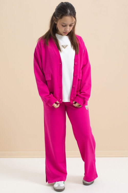 Fuşya Logo Detaylı Düğmeli Hırkalı kız Çocuk Yırtmaçlı 3lü Atl-Üst Takım 21378