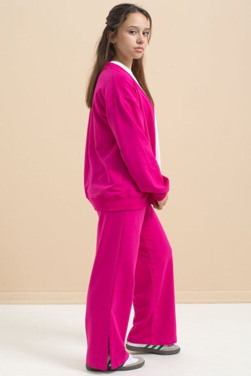 Fuşya Logo Detaylı Düğmeli Hırkalı kız Çocuk Yırtmaçlı 3lü Atl-Üst Takım 21378