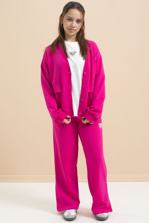 Fuşya Logo Detaylı Düğmeli Hırkalı kız Çocuk Yırtmaçlı 3lü Atl-Üst Takım 21378