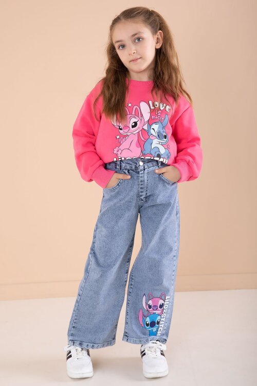 Fuşya Love Karakter Baskılı Şardonlu Badili Kız Çocuk Pantolonlu 2li Takım 22747