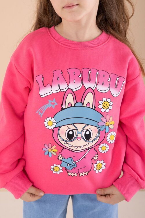 Fuşya Sevimli Karakter Baskılı Jean Pantolonlu Kız Çocuk 2li Takım  22751