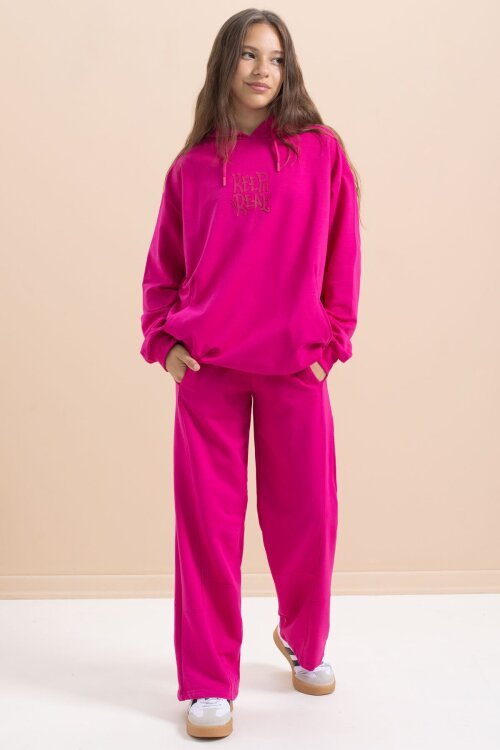 Fuşya Yazı Baskılı Kapüşonlu Geniş Paça Kız Çocuk Eşofman Takımı 21432