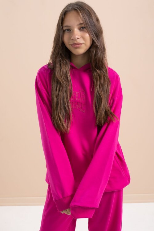 Fuşya Yazı Baskılı Kapüşonlu Geniş Paça Kız Çocuk Eşofman Takımı 21432
