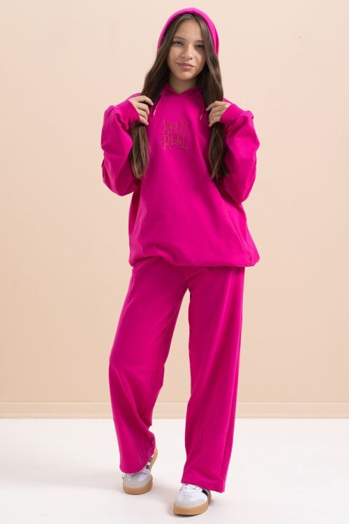 Fuşya Yazı Baskılı Kapüşonlu Geniş Paça Kız Çocuk Eşofman Takımı 21432