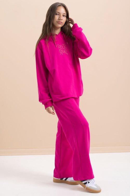 Fuşya Yazı Baskılı Kapüşonlu Geniş Paça Kız Çocuk Eşofman Takımı 21432