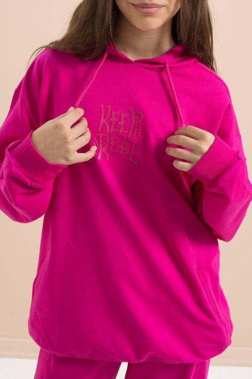 Fuşya Yazı Baskılı Kapüşonlu Geniş Paça Kız Çocuk Eşofman Takımı 21432