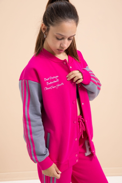 Fuşya Yazılı Kolej Ceketli Kız Çocuk Şeritli 3 İplik Şardonlu Eşofman Takımı 21297