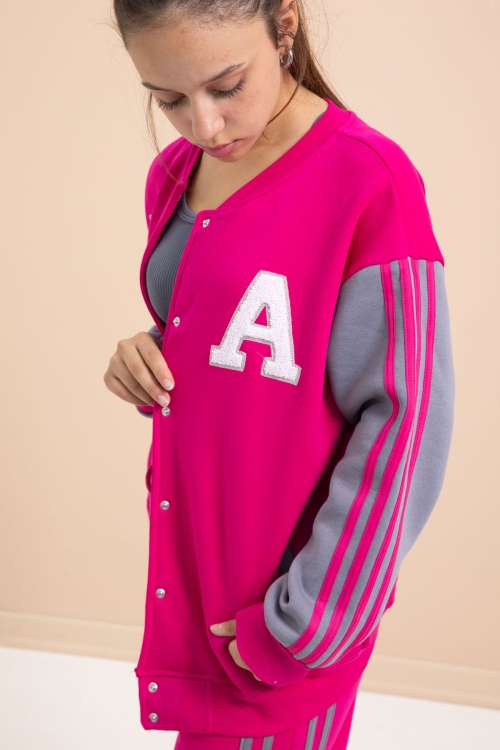 Fuşya Yazılı Kolej Ceketli Kız Çocuk Şeritli 3 İplik Şardonlu Eşofman Takımı 21297