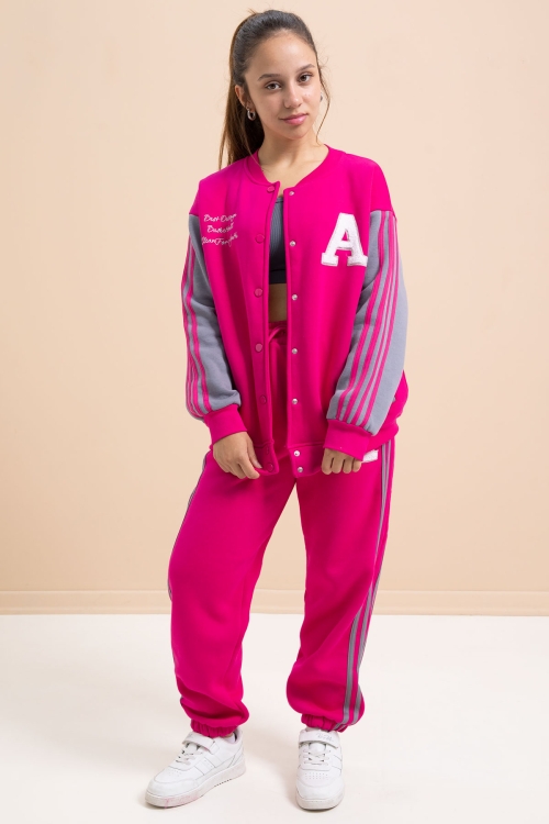 Fuşya Yazılı Kolej Ceketli Kız Çocuk Şeritli 3 İplik Şardonlu Eşofman Takımı 21297