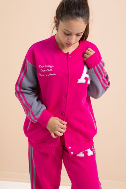 Fuşya Yazılı Kolej Ceketli Kız Çocuk Şeritli 3 İplik Şardonlu Eşofman Takımı 21297