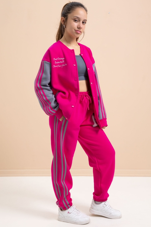 Fuşya Yazılı Kolej Ceketli Kız Çocuk Şeritli 3 İplik Şardonlu Eşofman Takımı 21297