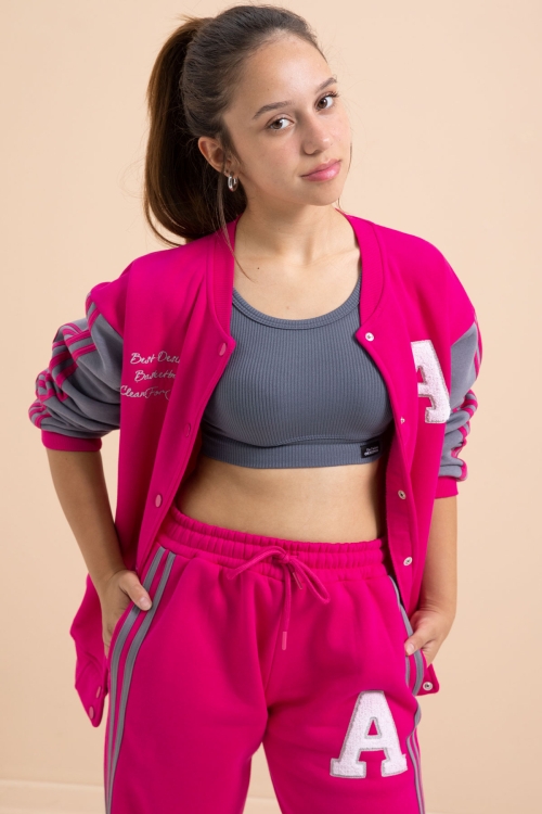 Fuşya Yazılı Kolej Ceketli Kız Çocuk Şeritli 3 İplik Şardonlu Eşofman Takımı 21297