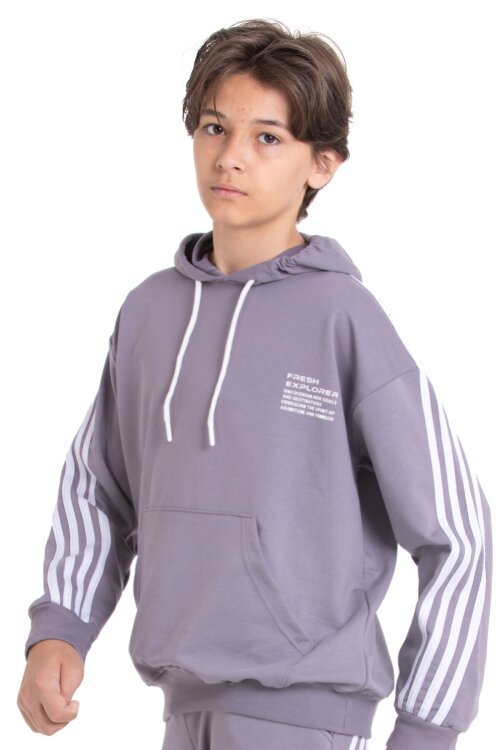 Gri Erkek Çocuk Kolları Şerit Detaylı Kanguru Cepli Kapüşonlu Sweatshirt 21497