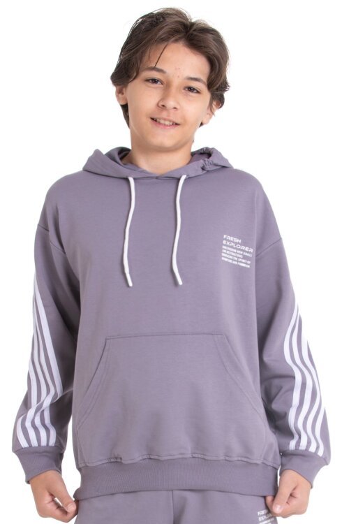 Gri Erkek Çocuk Kolları Şerit Detaylı Kanguru Cepli Kapüşonlu Sweatshirt 21497