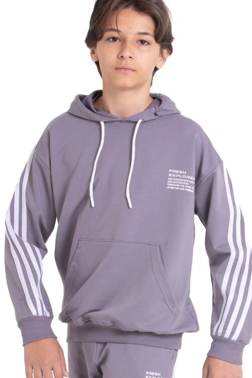 Gri Erkek Çocuk Kolları Şerit Detaylı Kanguru Cepli Kapüşonlu Sweatshirt 21497