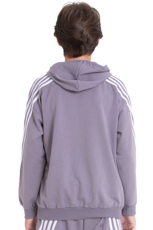 Gri Erkek Çocuk Kolları Şerit Detaylı Kanguru Cepli Kapüşonlu Sweatshirt 21497