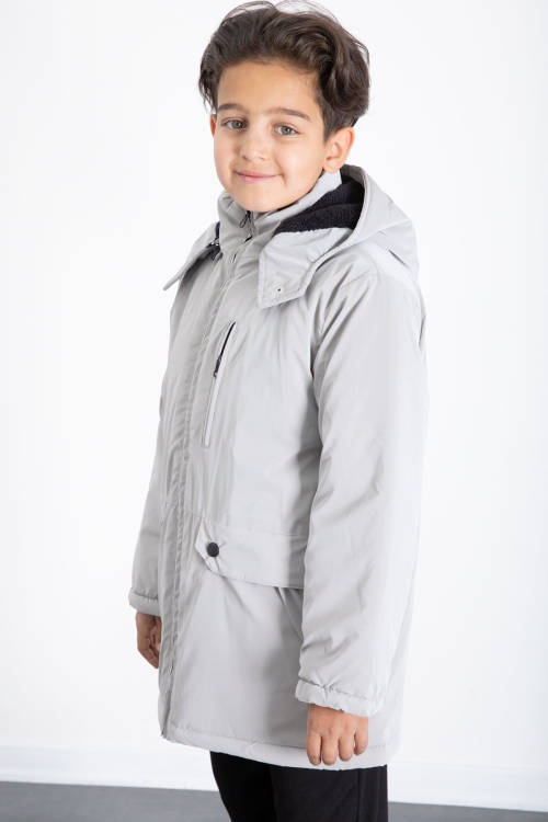 Gri Fermuarlı Göğüs Cepli İçi Kürklü Erkek Çocuk Kapüşonlu Mont 21355