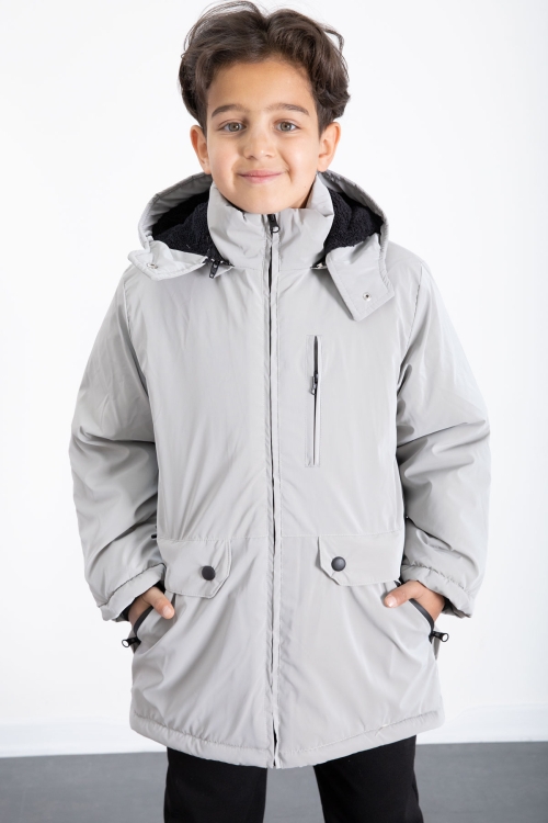 Gri Fermuarlı Göğüs Cepli İçi Kürklü Erkek Çocuk Kapüşonlu Mont 21355