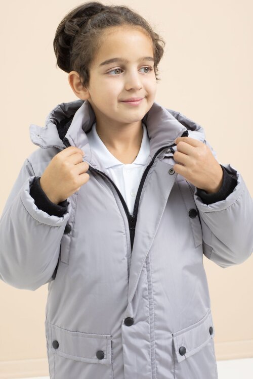 Gri İçi Kürklü Çıtçıtlı Cepli Uzun Kesim Erkek Çocuk Kapüşonlu Şişme Mont 21448