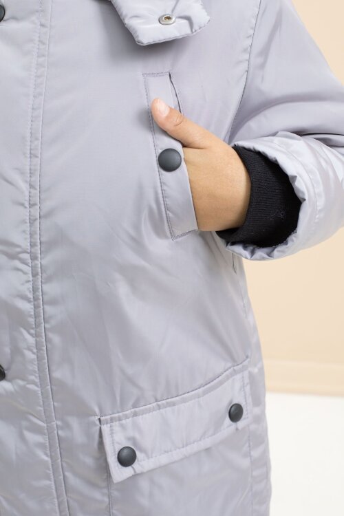 Gri İçi Kürklü Çıtçıtlı Cepli Uzun Kesim Erkek Çocuk Kapüşonlu Şişme Mont 21448