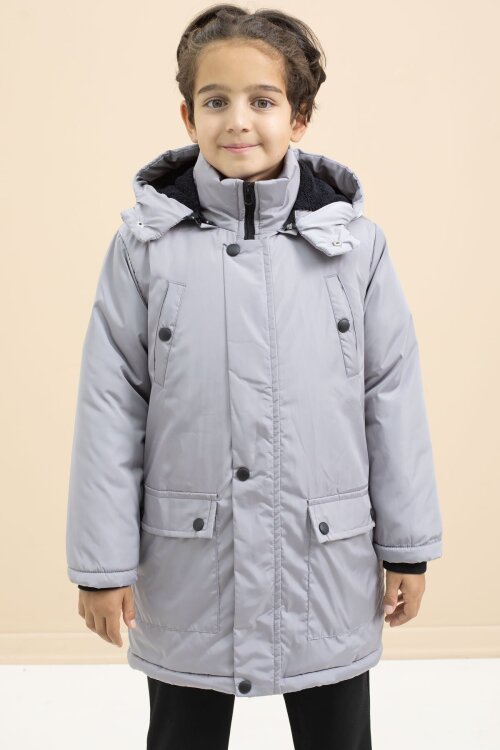 Gri İçi Kürklü Çıtçıtlı Cepli Uzun Kesim Erkek Çocuk Kapüşonlu Şişme Mont 21448