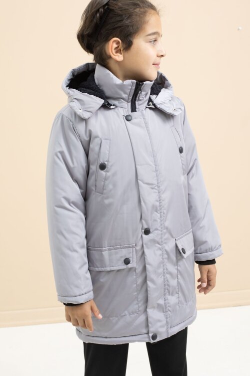 Gri İçi Kürklü Çıtçıtlı Cepli Uzun Kesim Erkek Çocuk Kapüşonlu Şişme Mont 21448