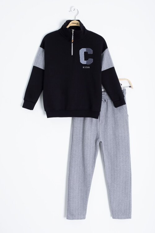 Gri Kadife Pantolonlu Fermuarlı Yaka Şardonlu Erkek Çocuk Takım 23243