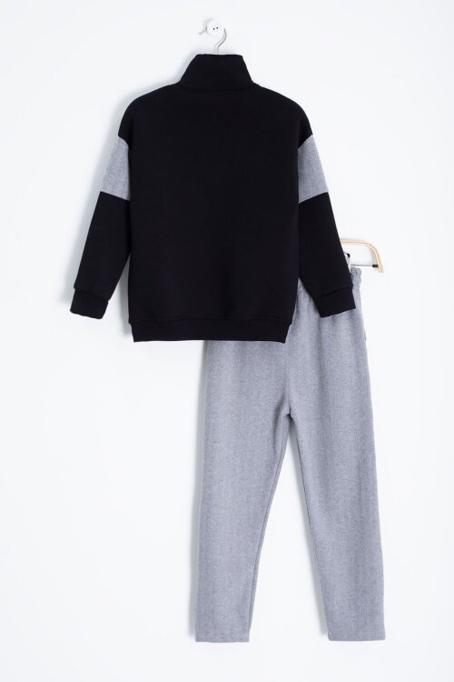 Gri Kadife Pantolonlu Fermuarlı Yaka Şardonlu Erkek Çocuk Takım 23243